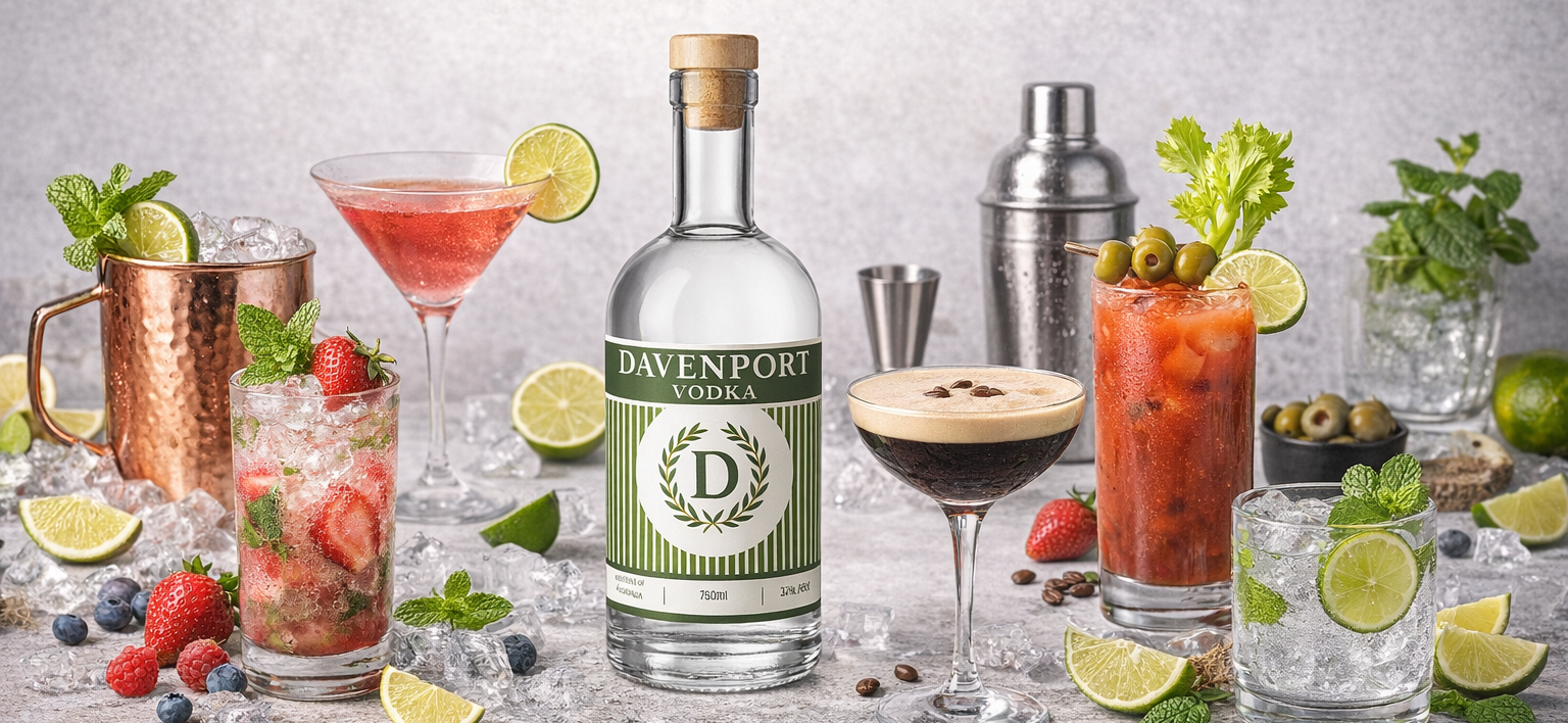 Davenport Vodka bottle with various cocktails and ingredients on a gray background